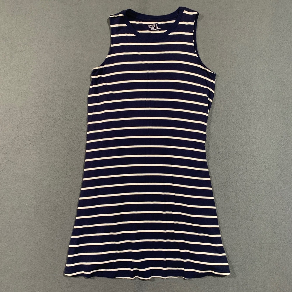 Time and Tru Womens L 12-14 Navy Blue White Striped‎ Sleeveless Tank Dress